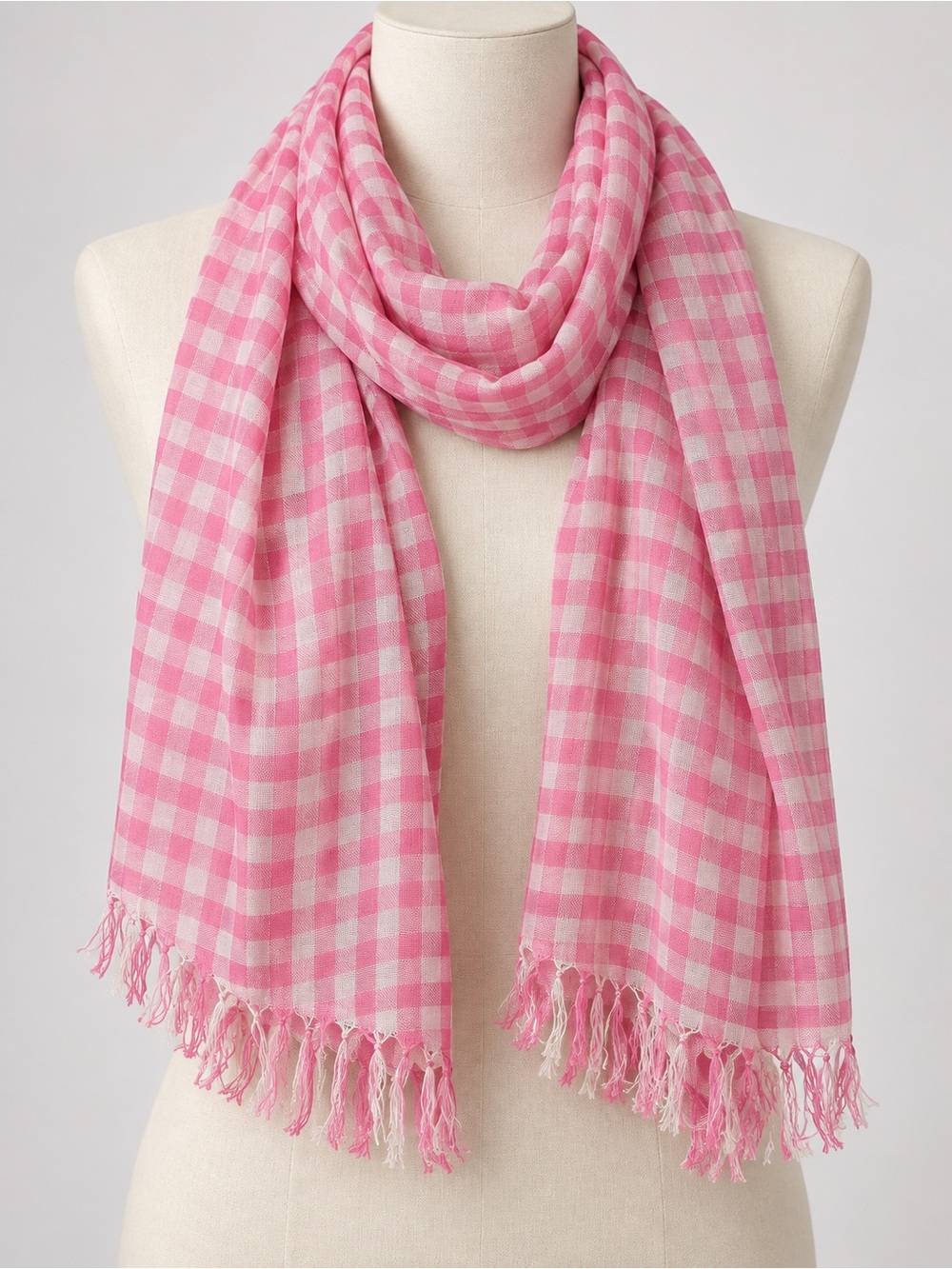 American Eagle Pink Gingham Check Fringe Scarf Wrap NWT